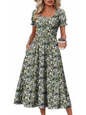 Zeagoo Women's Green Floral Flowy Casual Short Sleeve Tiered Midi Maxi Dress